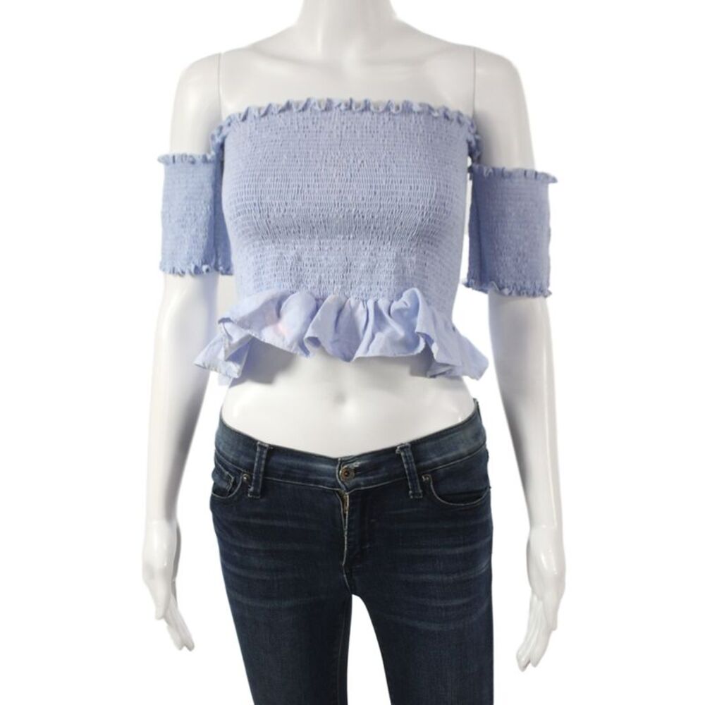 Peixoto Womens Cropped Lace Up Light Blue Bohemian Top Short Sleeve Size L